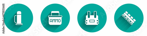 Set Thermos container, Ammunition box, Bulletproof vest and Hunting cartridge belt icon with long shadow. Vector