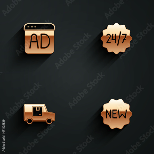 Set Advertising, Clock 24 hours, Delivery cargo truck and Price tag with New icon with long shadow. Vector