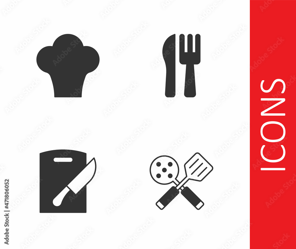 Set Spatula, Chef hat, Cutting board and knife and Crossed fork icon. Vector Set Spatula, Chef hat, Cutting board and knife and Crossed fork icon. Vector