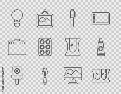 Set line Spray can nozzle cap, Pencil sharpener, Palette knife, Light bulb, Watercolor paints in box, Computer monitor screen and Tube with palette icon. Vector