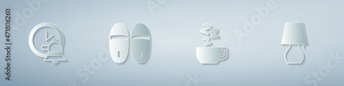 Set Alarm clock, Slippers, Chamomile tea and Table lamp. Paper art style. Vector