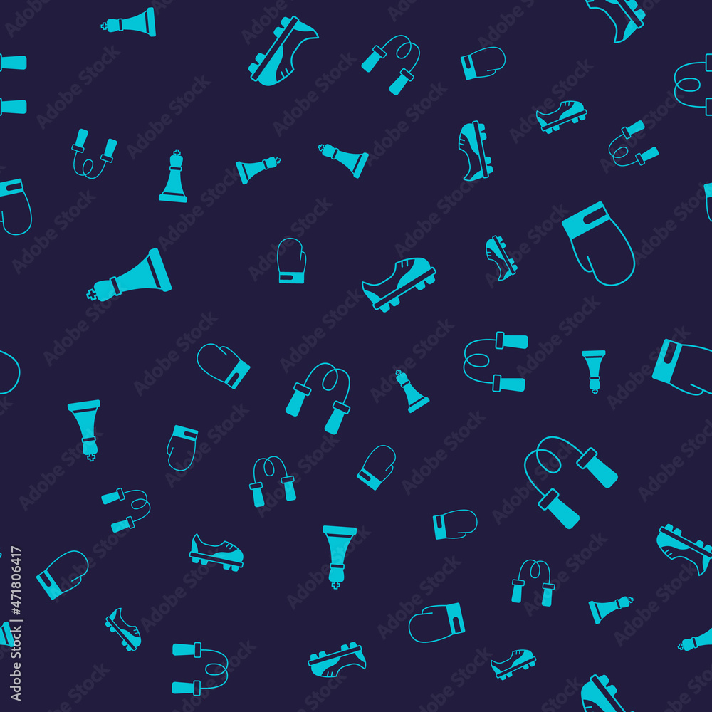 Set Chess, Boxing glove, Football shoes and Jump rope on seamless pattern. Vector Set Chess, Boxing glove, Football shoes and Jump rope on seamless pattern. Vector