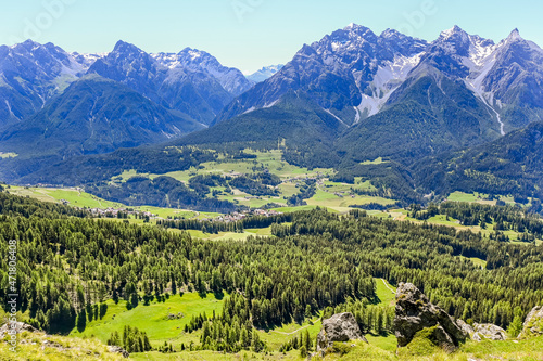 Ftan, Alpe Laret, Wanderweg, Unterengadin, via Engiadina, Alpen, Engadin, Innschlucht, Inn, Fluss, Bergwiese, Bergblumen, Tarasp, Vulpera, Graubünden, Sommer, Schweiz