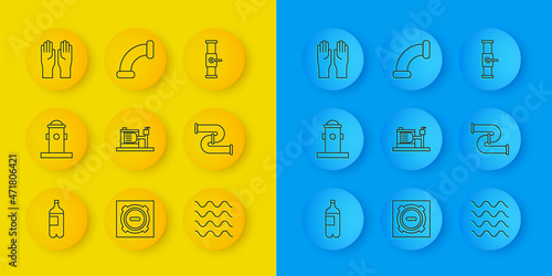Set line Bottle of water, Fire hydrant, Electric pump, Wave, Industry metallic pipe, Rubber gloves, and valve and icon. Vector