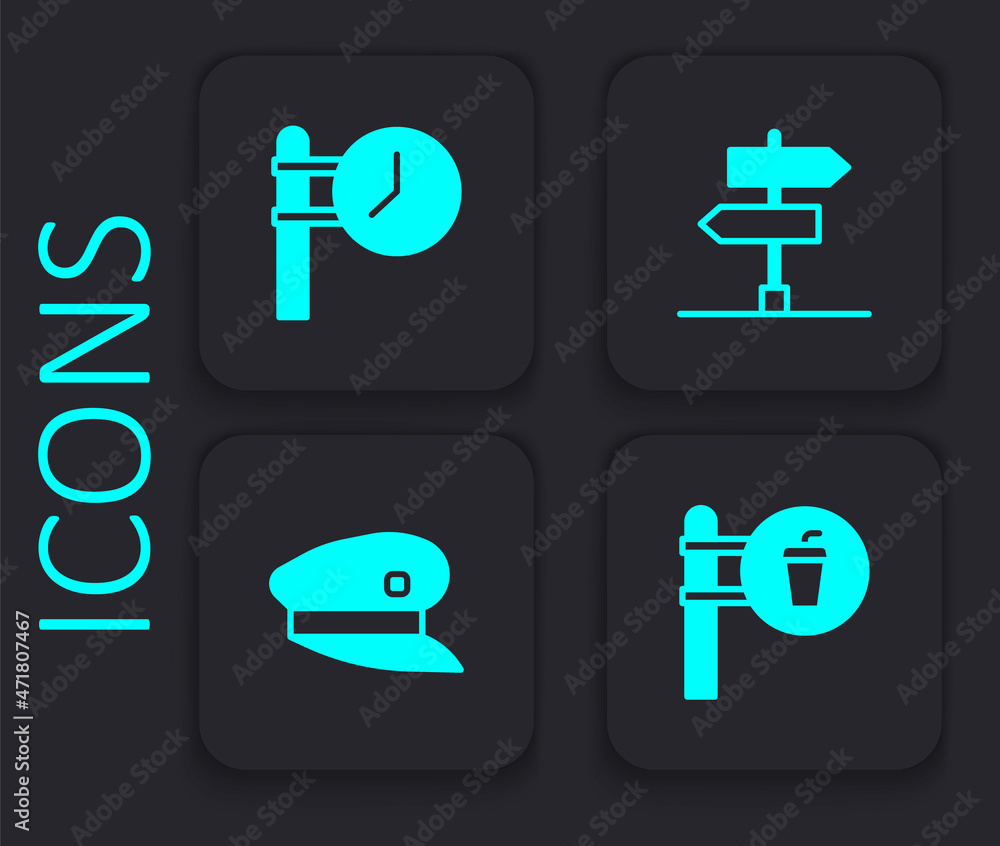 Set Cafe and restaurant location, Train station clock, Road traffic sign and driver hat icon. Black square button. Vector Set Cafe and restaurant location, Train station clock, Road traffic sign and driver hat icon. Black square button. Vector