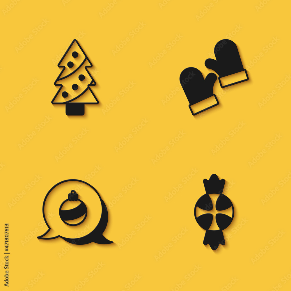 Set Christmas tree, Candy, ball and mittens icon with long shadow. Vector Set Christmas tree, Candy, ball and mittens icon with long shadow. Vector