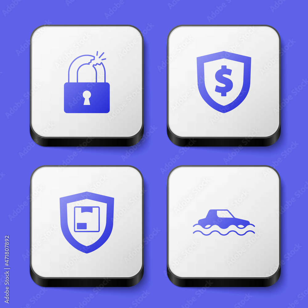 Set Broken or cracked lock, Shield with dollar, Delivery security shield and Flood car icon. White square button. Vector