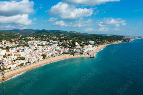 Fototapeta Naklejka Na Ścianę i Meble -  Townscape of Sant Pol de Mar, Maresme region, Catalonia, Spain. View of sea coast and beach.