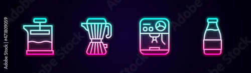 Set line French press, Coffee maker moca pot, machine and Milk bottle. Glowing neon icon. Vector