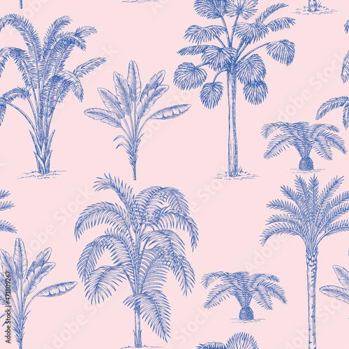 3D Fototapete Baum - Fototapete Tropical ink drawn palm trees summer floral seamless pattern.Exotic jungle toile wallpaper.
