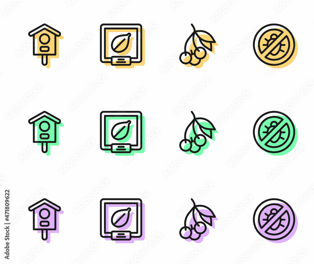 Set line Fresh berries, Bird house, Seeds of specific plant and Stop colorado beetle icon. Vector Set line Fresh berries, Bird house, Seeds of specific plant and Stop colorado beetle icon. Vector