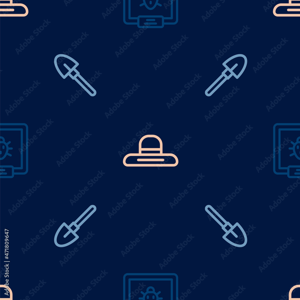 Set line Colorado beetle, Shovel and Farmer worker hat on seamless pattern. Vector