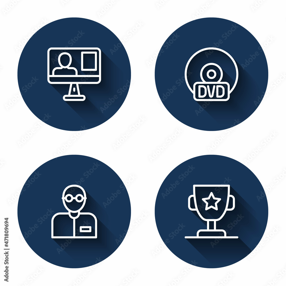Set line Online class, CD or DVD disk, Teacher and Award cup with long shadow. Blue circle button. Vector Set line Online class, CD or DVD disk, Teacher and Award cup with long shadow. Blue circle button. Vector