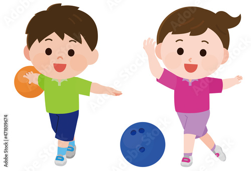 ボウリングをする男の子と女の子　イラスト