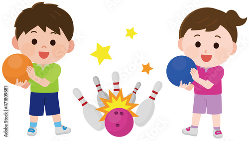 ボウリングをする男の子と女の子　ボウリングピンとボール　イラスト