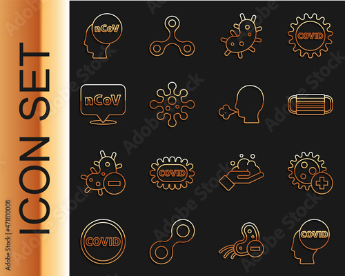 Set line Corona virus covid-19, Positive, Medical protective mask, Virus, 2019-nCoV location, and Man coughing icon. Vector
