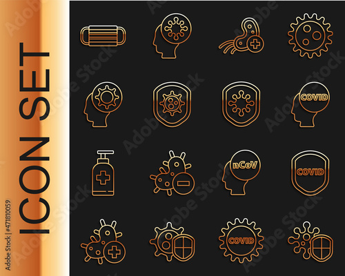 Set line Shield protecting from virus, Corona covid-19, Positive, Human and, Medical protective mask and icon. Vector