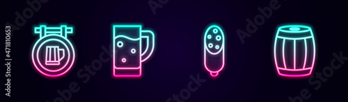 Set line Street signboard with beer, Glass of, Salami sausage and Wooden barrel. Glowing neon icon. Vector