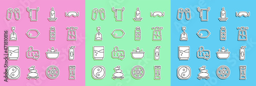 Set line Bottle of shampoo, Spray can for hairspray, Perfume, Burning candle, Lemon, Tea bag, Slipper and Cream lotion cosmetic tube icon. Vector