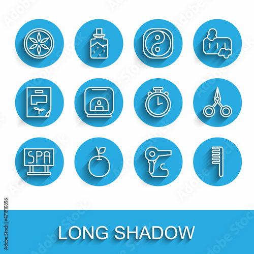 Set line Spa salon signboard, Apple, Leaf plant nature, Hair dryer, Hairbrush, Aroma lamp, Scissors and Stopwatch icon. Vector