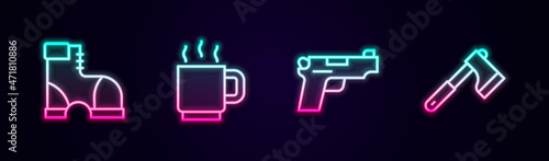 Set line Hunter boots, Coffee cup, Pistol or gun and Wooden axe. Glowing neon icon. Vector