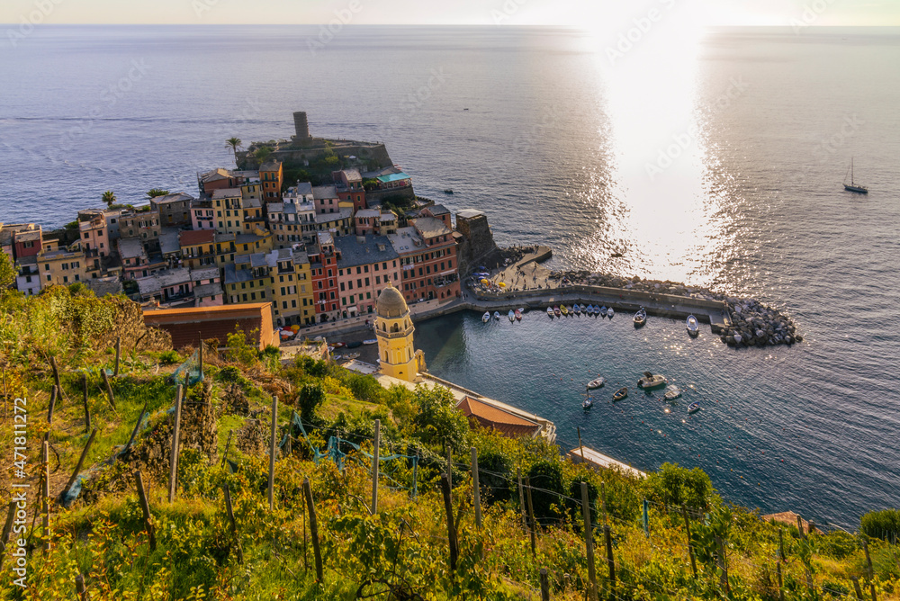 A peaceful view of the harbour of the village of Vernazza in the Cinque Terre in Italy