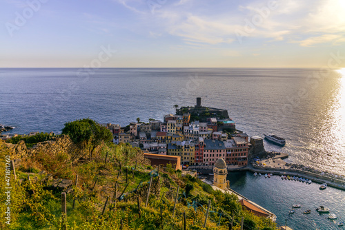 A peaceful view of the harbour of the village of Vernazza in the Cinque Terre in Italy