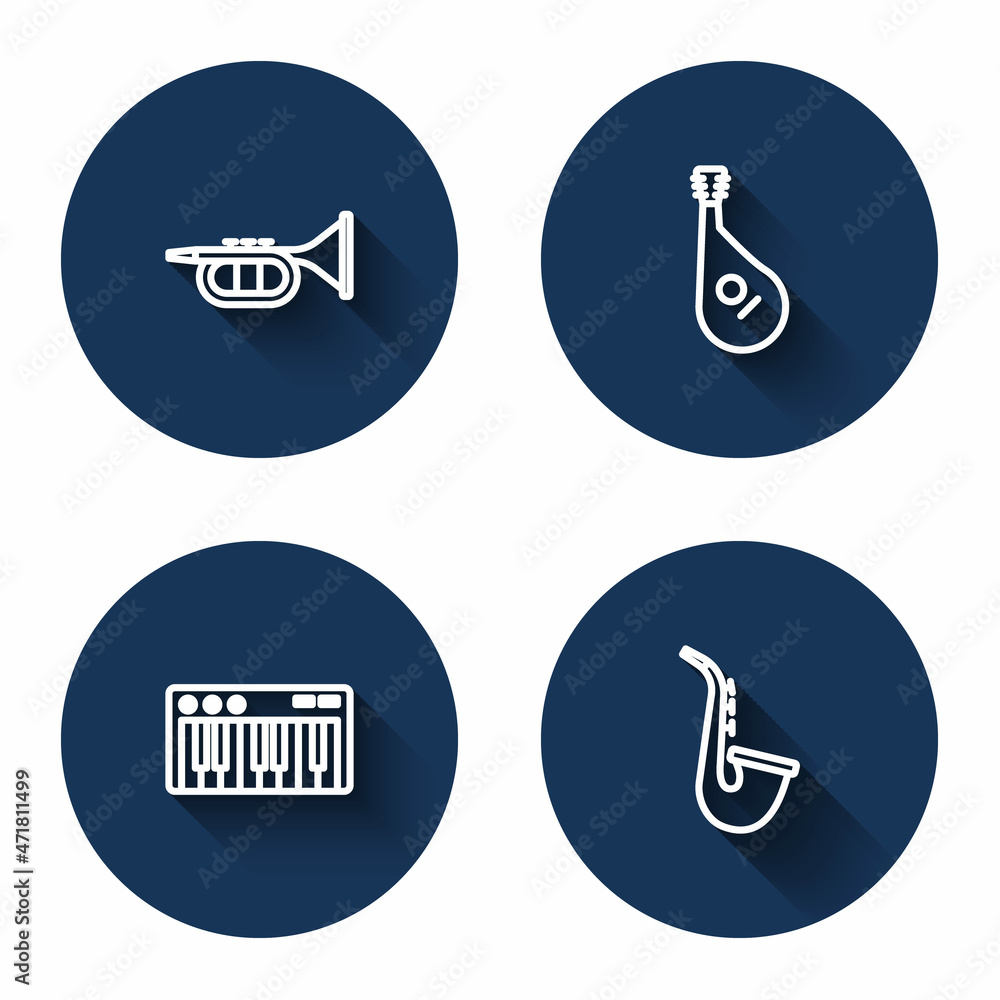 Set line Trumpet, Bandura, Music synthesizer and Saxophone with long shadow. Blue circle button. Vector Set line Trumpet, Bandura, Music synthesizer and Saxophone with long shadow. Blue circle button. Vector