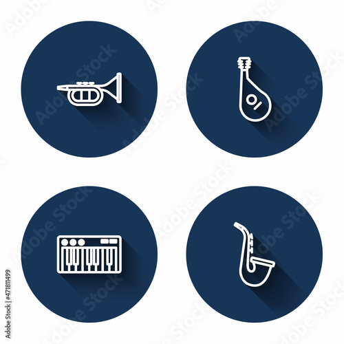 Set line Trumpet, Bandura, Music synthesizer and Saxophone with long shadow. Blue circle button. Vector