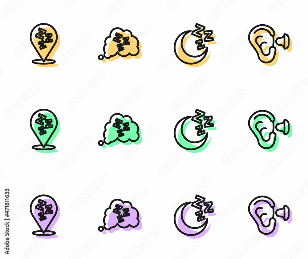 Set line Moon and stars, Sleepy, and Earplugs ear icon. Vector