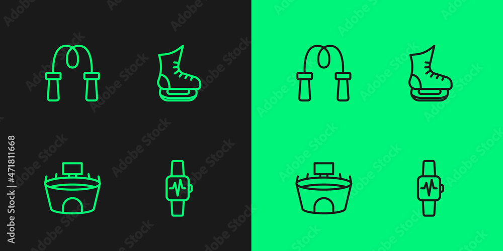 Set line Smart watch with heart, Stadium, Jump rope and Skates icon. Vector Set line Smart watch with heart, Stadium, Jump rope and Skates icon. Vector