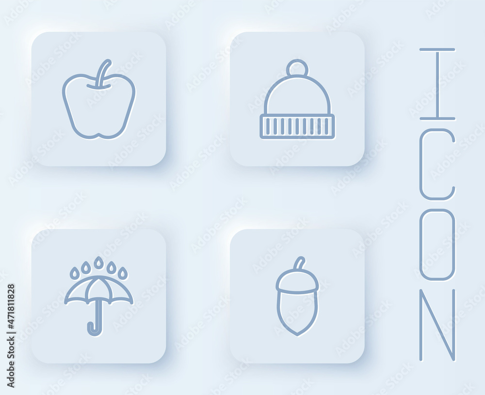 Set line Apple, Winter hat, Umbrella and rain drops and Acorn. White square button. Vector Set line Apple, Winter hat, Umbrella and rain drops and Acorn. White square button. Vector