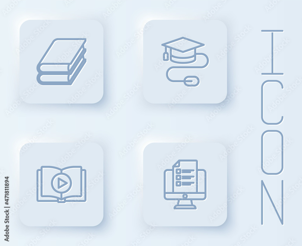 Set line Book, Graduation cap with mouse, Audio book and Online quiz, test, survey. White square button. Vector Set line Book, Graduation cap with mouse, Audio book and Online quiz, test, survey. White square button. Vector