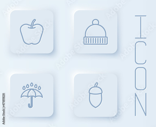 Set line Apple  Winter hat  Umbrella and rain drops and Acorn. White square button. Vector