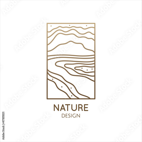 Linear nature logo. Mountain minimalistic landscape icon with waves structure. Vector pattern wavy lines. Ornamental rectangular emblem for design geologic and mineral industry, travel, massage, yoga