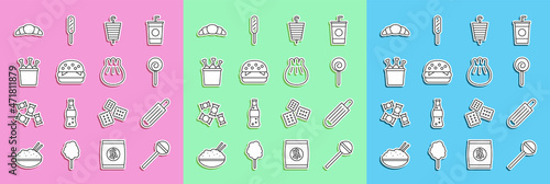 Set line Lollipop, French hot dog, Grilled shish kebab, Burger, Chicken leg in package box, Croissant and Khinkali on cutting board icon. Vector