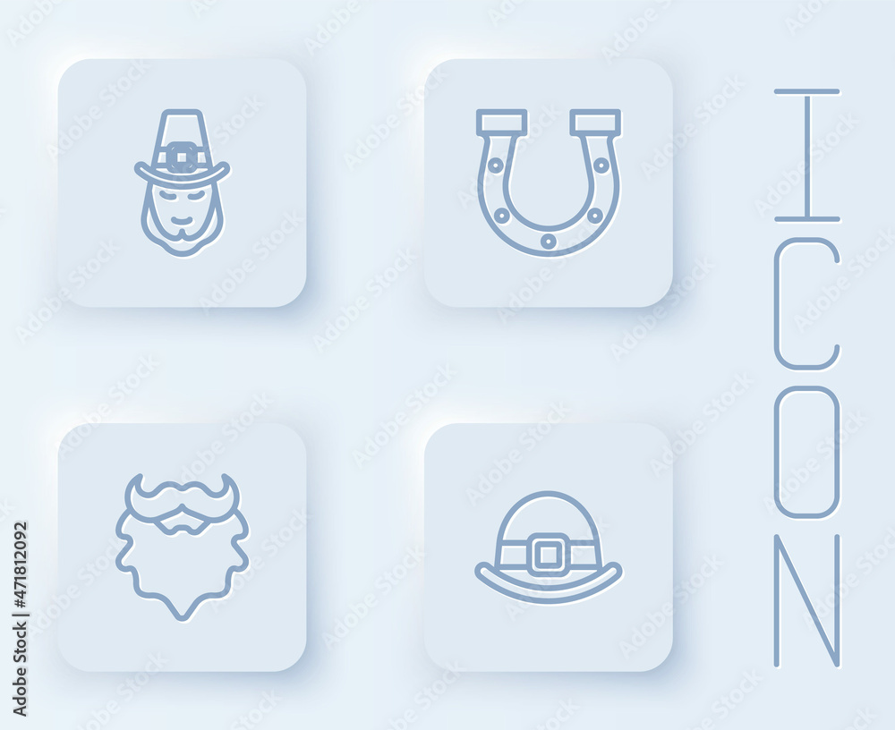 Set line Leprechaun, Horseshoe, Mustache and beard and hat. White square button. Vector Set line Leprechaun, Horseshoe, Mustache and beard and hat. White square button. Vector