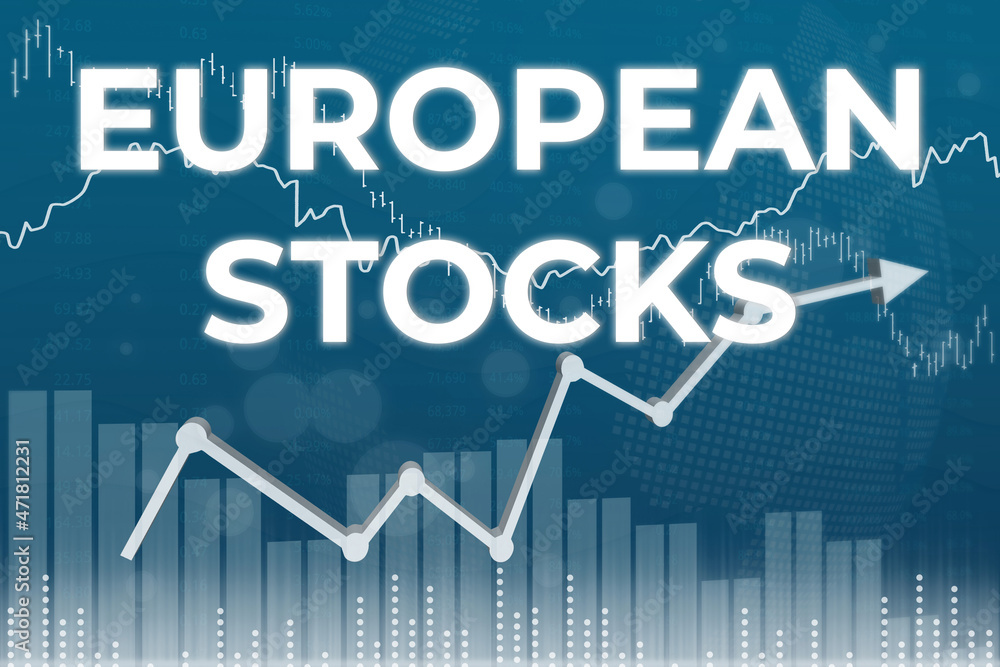 Word European Stocks on blue background from graphs, charts. 3D render