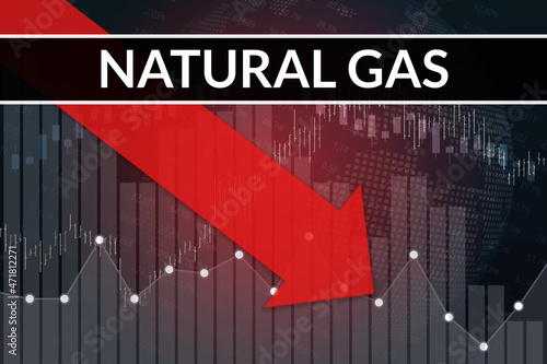 Price drope on Natural gas futures (ticker NG) in world on gray and red financial background from numbers, graphs, pillars, candles. 3D render