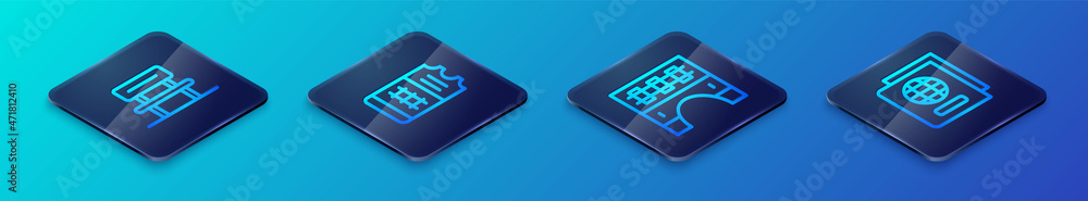 Set Isometric line Bridge for train, Waiting hall, Passport and Train ticket icon. Vector Set Isometric line Bridge for train, Waiting hall, Passport and Train ticket icon. Vector