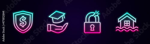 Set line Shield with dollar, Education grant, Broken or cracked lock and House flood. Glowing neon icon. Vector