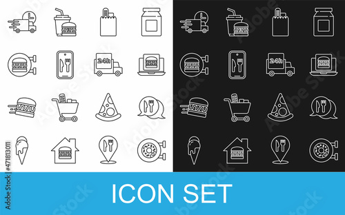 Set line Donut, Cafe and restaurant location, Online ordering burger delivery, Fast by car and icon. Vector