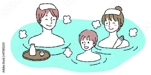 温泉に入る家族