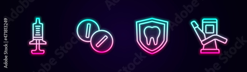 Set line Syringe, Toothache painkiller tablet, Dental protection and Medical dental chair. Glowing neon icon. Vector