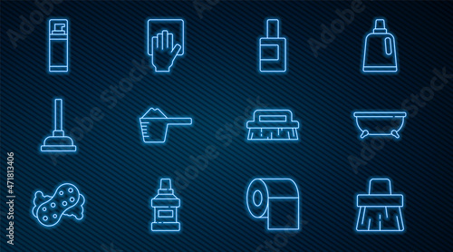 Set line Handle broom, Bathtub, Bottle for cleaning agent, Washing powder, Rubber plunger, Shaving gel foam, Brush and Cleaning service icon. Vector