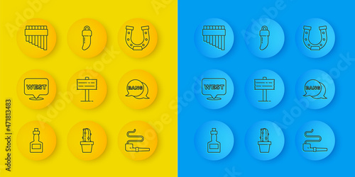 Set line Tabasco sauce, Pointer to wild west, Road traffic signpost, Smoking pipe, Bang boom, gun Comic, Pan flute, Horseshoe and Tooth icon. Vector