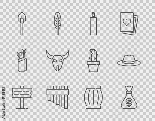 Set line Road traffic signpost, Money bag, Dynamite bomb, Pan flute, Shovel, Buffalo skull, Gun powder barrel and Western cowboy hat icon. Vector