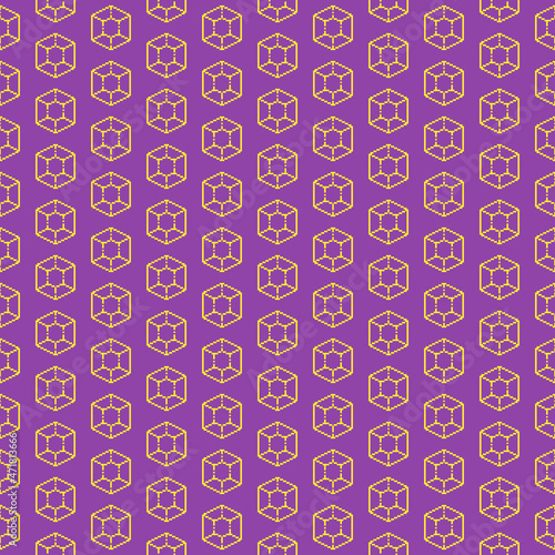 simple vector pixel art seamless pattern of abstract yellow hexagonal diamond gemstone on purple background