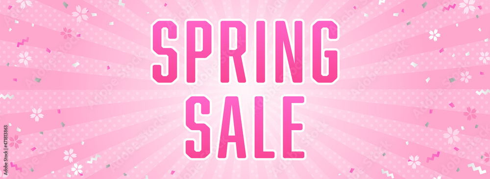 春セール向け　バナーテンプレート／集中線、紙吹雪、桜のピンク色背景