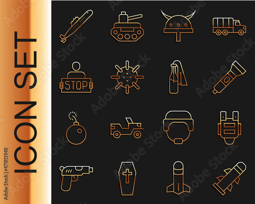 Set line Rocket, Bulletproof vest, Flashlight, Viking in horned helmet, Naval mine, Stop war, Submarine and Cocktail molotov icon. Vector